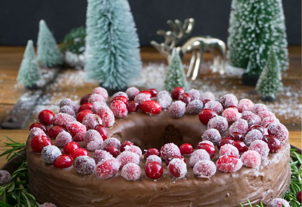 Schokoladen-Portwein-Kuchen mit gezuckerten Cranberrys