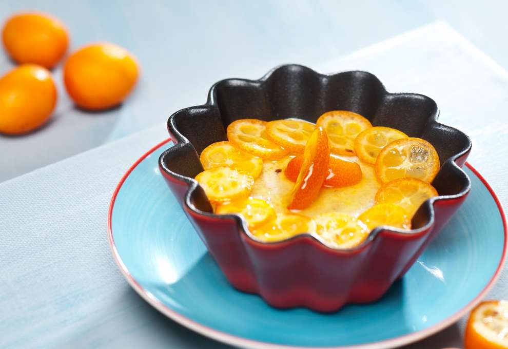Grießpudding mit karamellisierten Kumquats (Zwergorangen)