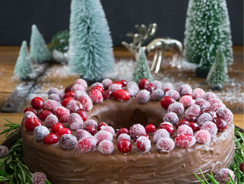 Schokoladen-Portwein-Kuchen mit gezuckerten Cranberrys